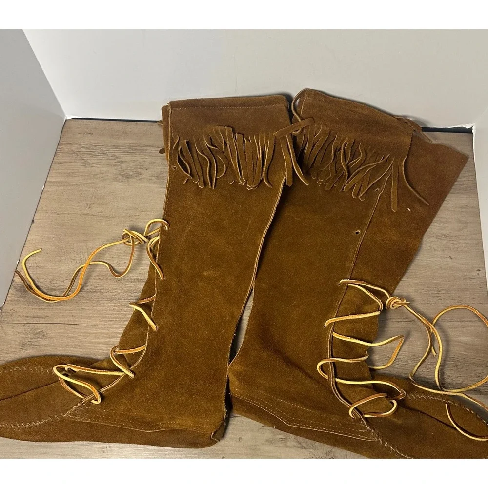 Vintage Suede Leather Fringe Lace Up Tall Moccasin Boots Women's Size 9 Brown‎